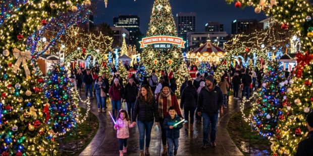 Families walking through thousands of glittering holiday lights and decorated trees at Christmas in the Park 2026 at Plaza de Cesar Chavez in downtown San Jose, California