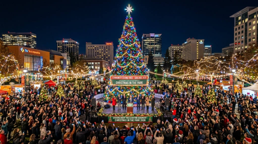 The 65-foot Community Giving Tree illuminated during the opening night tree lighting ceremony at Christmas in the Park 2026 in downtown San Jose, California