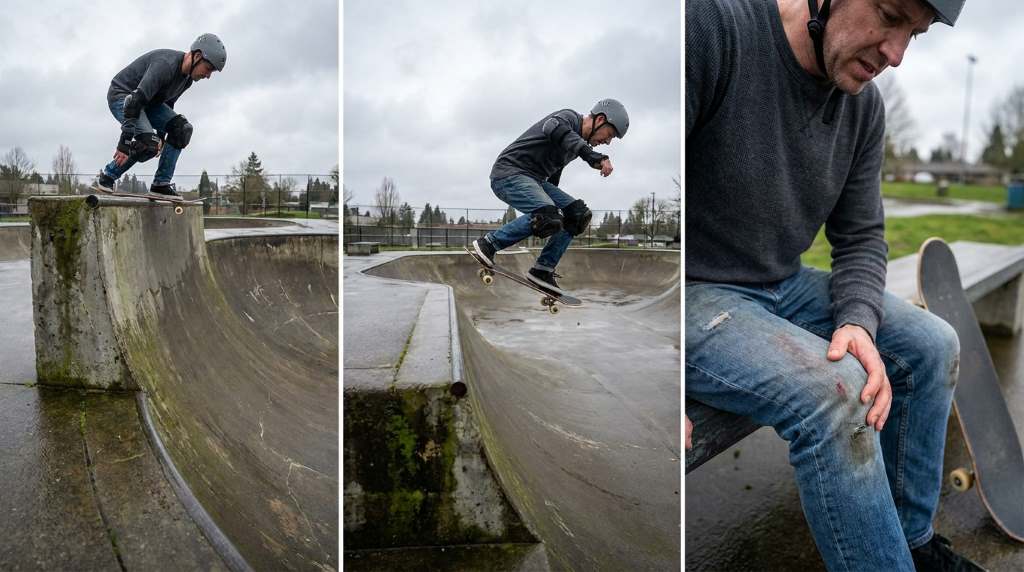 Wet Portland skateboarding surface creating landing hazards