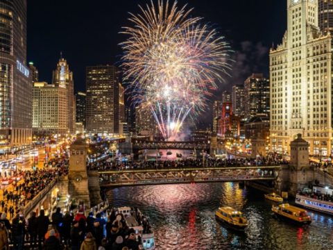 Wintrust Fireworks Spectacular over the Chicago River at DuSable Bridge during the Magnificent Mile Lights Festival 2026