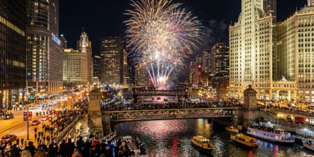 Wintrust Fireworks Spectacular over the Chicago River at DuSable Bridge during the Magnificent Mile Lights Festival 2026