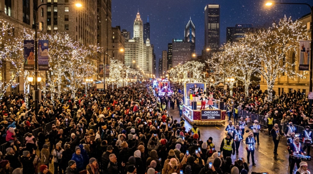 Crowds watching the illumination of one million lights on trees along The Magnificent Mile during the 2026 Lights Festival parade
