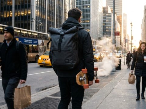 A commuter walking downtown wearing a modern backpack with skateboard straps.