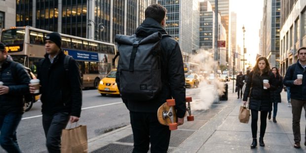 A commuter walking downtown wearing a modern backpack with skateboard straps.