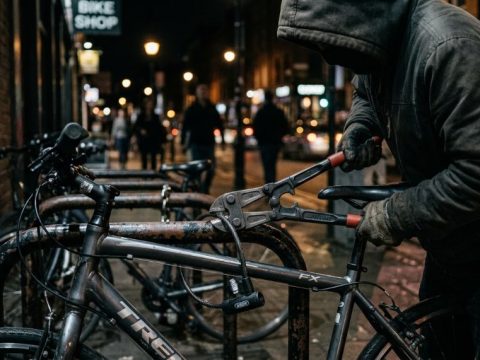 A thief cutting a thin cable lock on a bicycle.