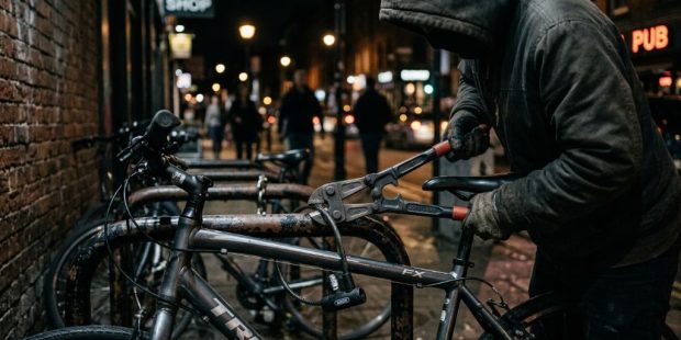 A thief cutting a thin cable lock on a bicycle.