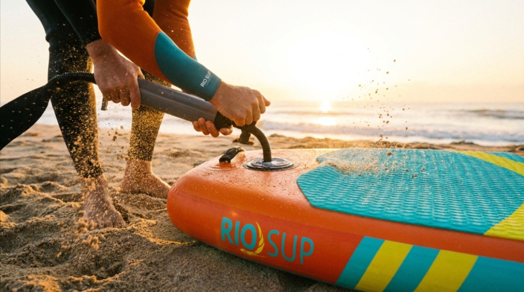 Person pumping air into an inflatable paddle board.