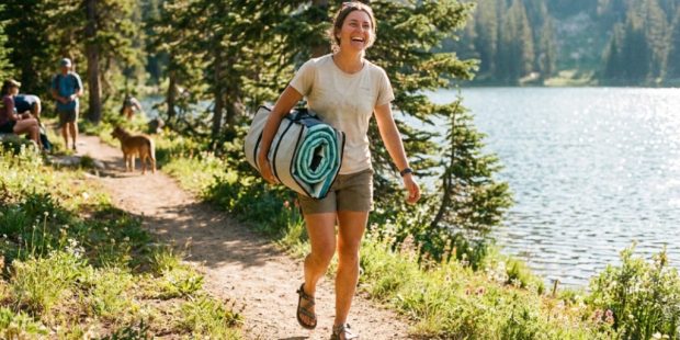 Woman carrying an inflatable paddle board by a lake.