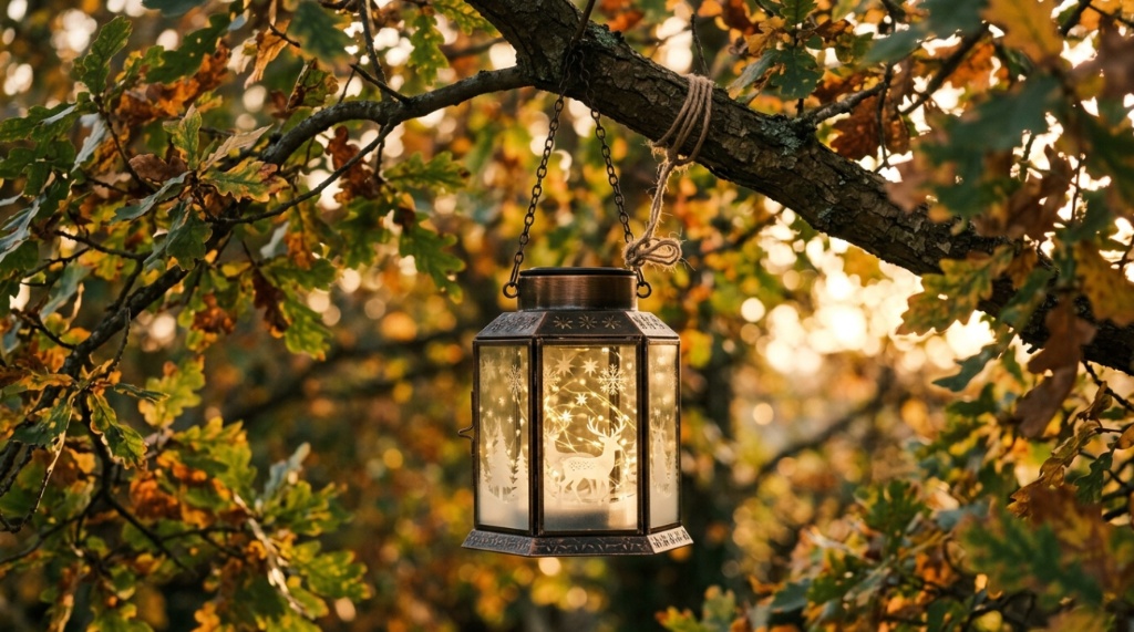 Close-up of a decorative solar lantern hanging from a green tree branch.