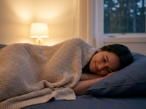 A white Qutool cooling pillow rests on a neatly made white bed.