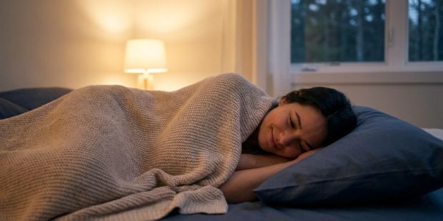 A white Qutool cooling pillow rests on a neatly made white bed.