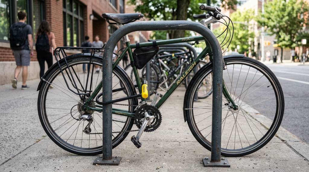 A sturdy U-lock securing a bicycle frame to a rack