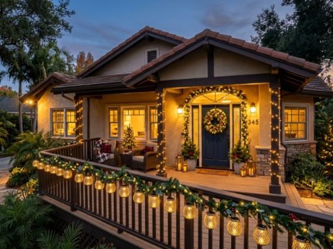 Solar Christmas lanterns illuminating a California home's front porch at night.