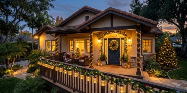 Solar Christmas lanterns illuminating a California home's front porch at night.