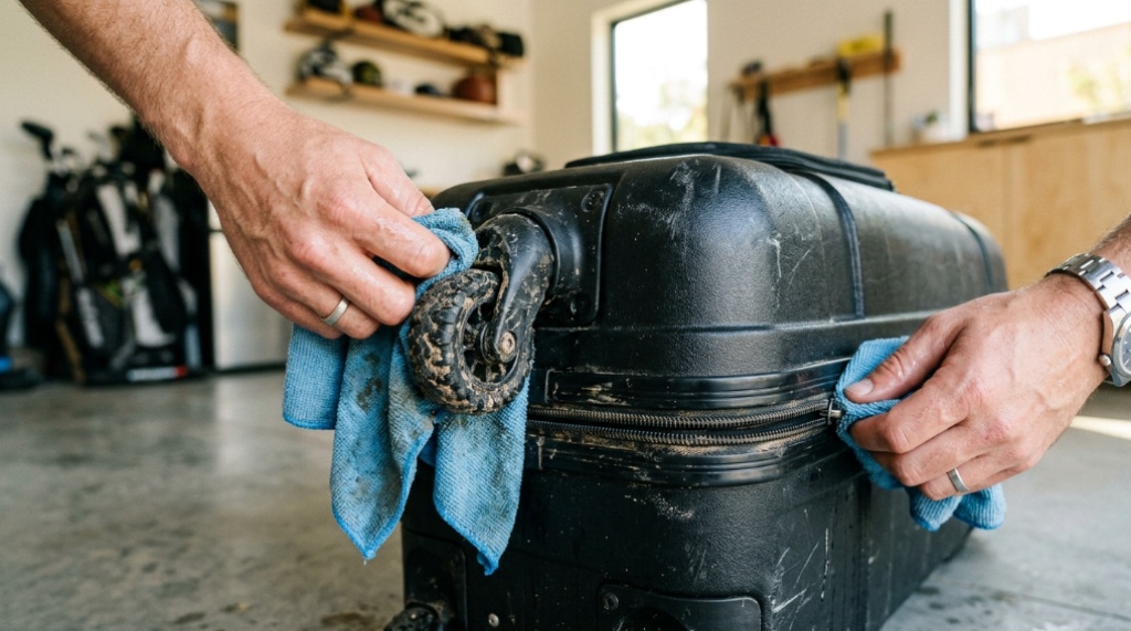 Wiping down wheels on a golf travel bag.