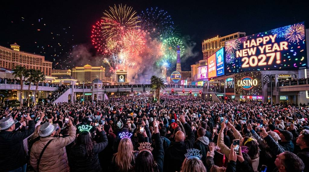 Crowd gathered along Las Vegas Boulevard watching the midnight fireworks countdown to 2027