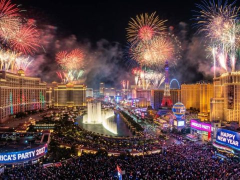 Las Vegas Strip fireworks lighting up the sky on New Year's Eve 2026 for America's Party 2027