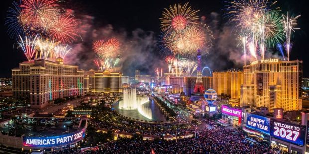 Las Vegas Strip fireworks lighting up the sky on New Year's Eve 2026 for America's Party 2027