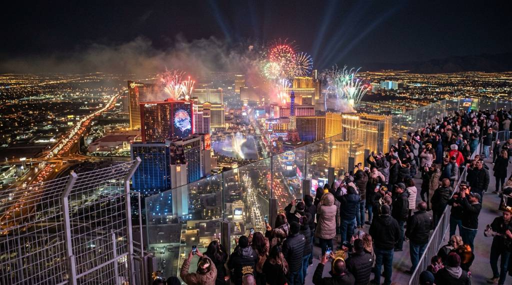 View from The STRAT observation deck overlooking the Las Vegas Strip on New Year's Eve