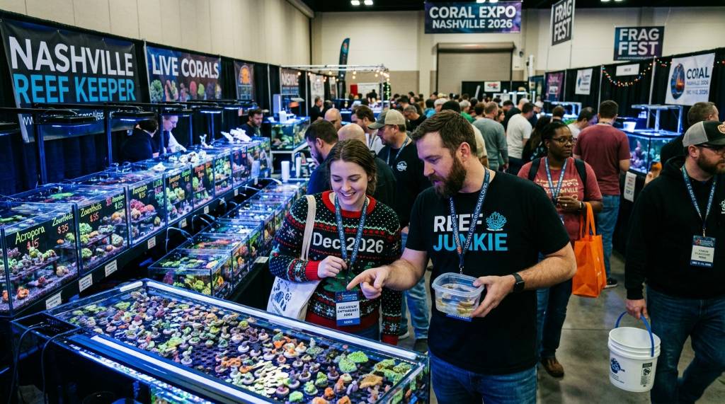 Aquarium enthusiasts browsing live coral frags at a Nashville indoor coral expo in December 2026