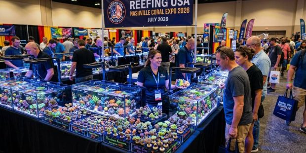 Colorful reef corals on display at the Reefing USA Nashville Coral Expo 2026 vendor tables