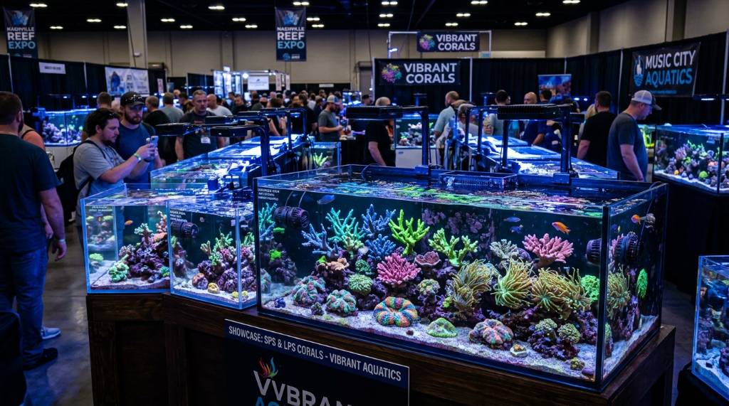 Vibrant SPS and LPS corals in illuminated tanks at a Nashville reef aquarium trade show