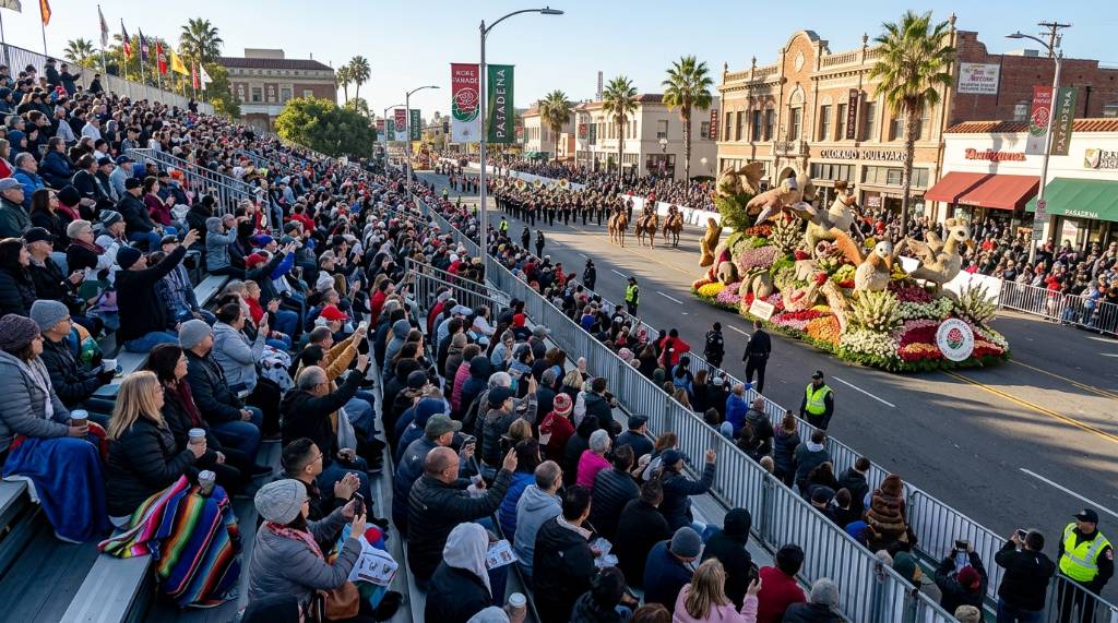 Grandstand seats filled with spectators watching the Tournament of Roses Parade along the Colorado Boulevard route
