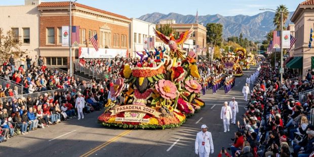Colorful floral floats moving along Colorado Boulevard during the Rose Parade in Pasadena on New Year's Day 2027