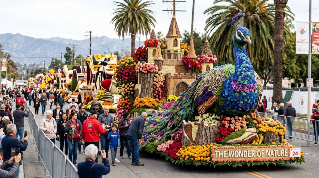 Detailed view of a flower-covered parade float at the Rose Parade Float Showcase in Pasadena California
