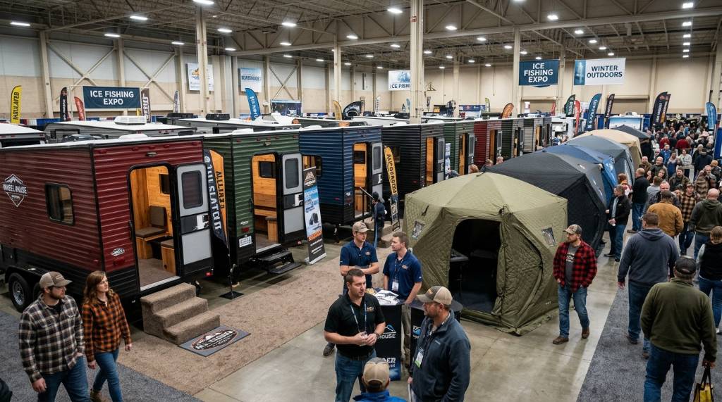 Row of insulated fish houses on display inside a convention hall