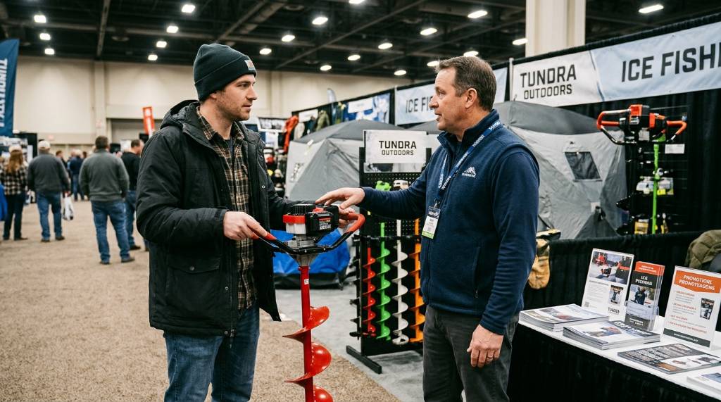 Visitor holding an ice auger while talking with a vendor
